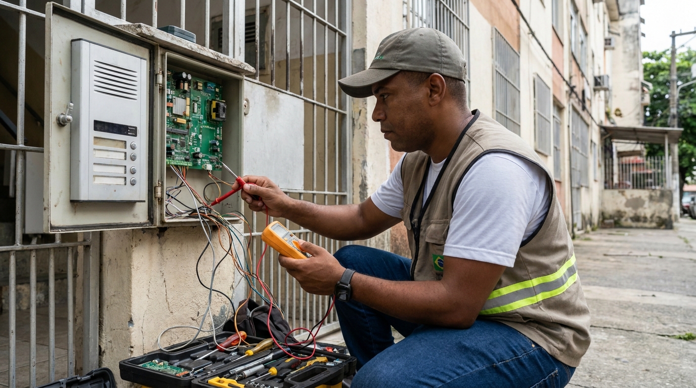 Eletricista consertando interfone em Atibaia‑SP