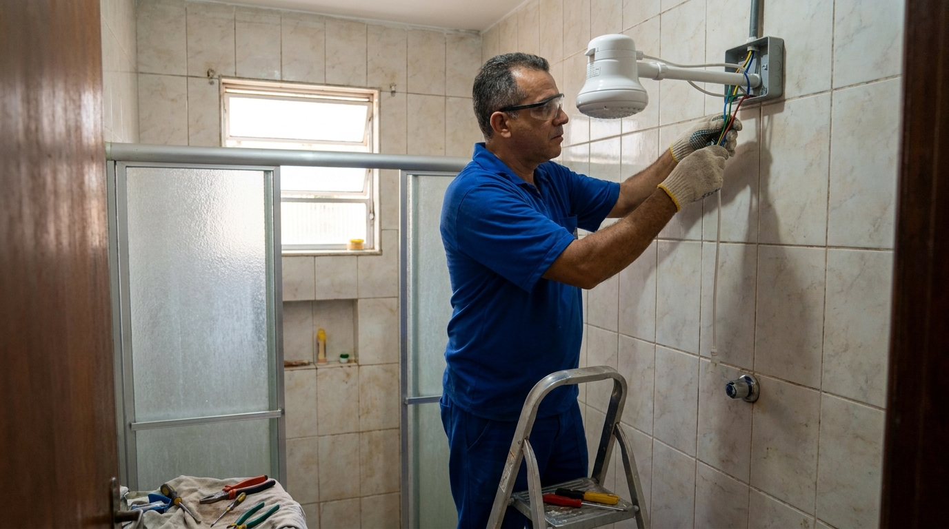 Eletricista instalando chuveiro eletrico em Atibaia‑SP